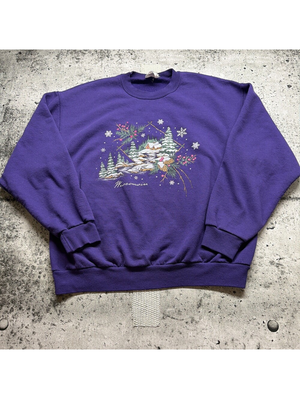 VTG JERZEES Wisconsin Trees Winter Snow Grandma Cottagecore Sweatshirt L Purple